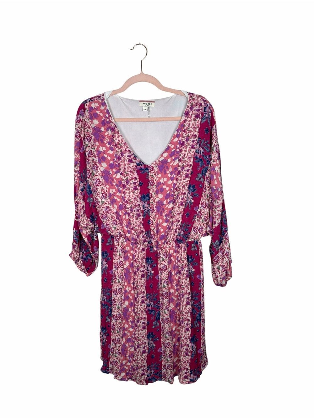 Andrée by Unit Size 1X Floral Boho Mini Dress Pink Purple V-Neck Peasant Sleeve
